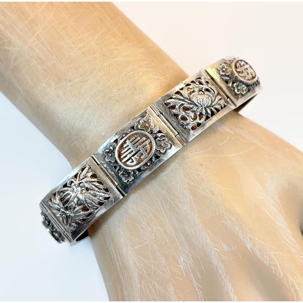 Vintage Bracelet, Chinese Export, Sterling Silver, Panel Bracelet, Symbols